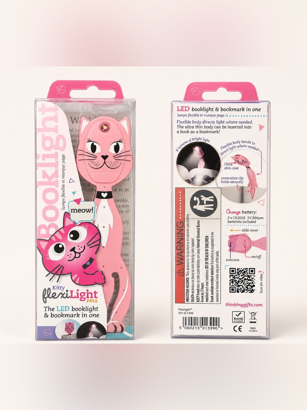 Thinking Gifts Kitty FlexiLight Pals LED Book Light Bookmark Pink Cat New